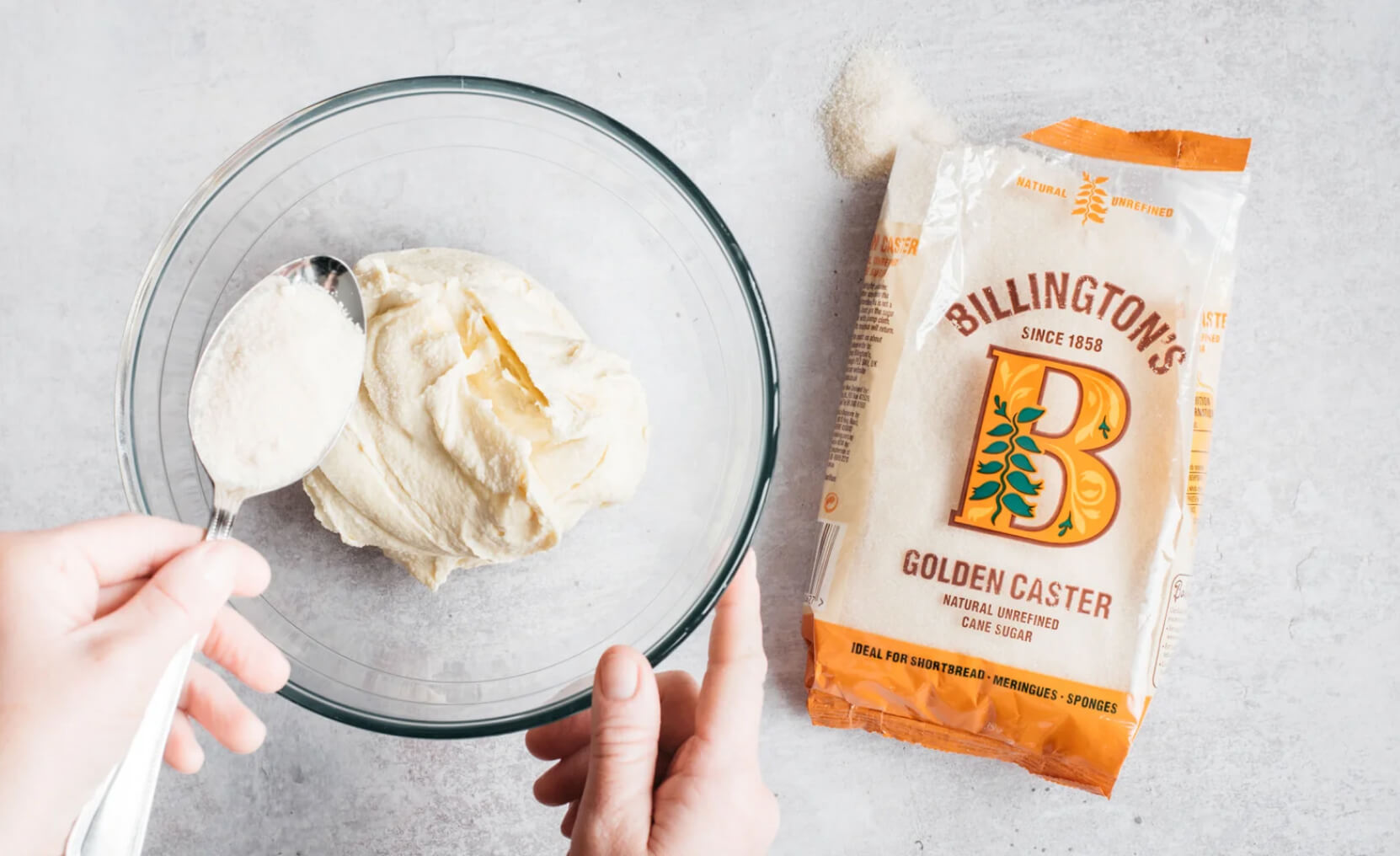 Combining butter with Billington's Golden Caster Sugar in a mixing bowl.